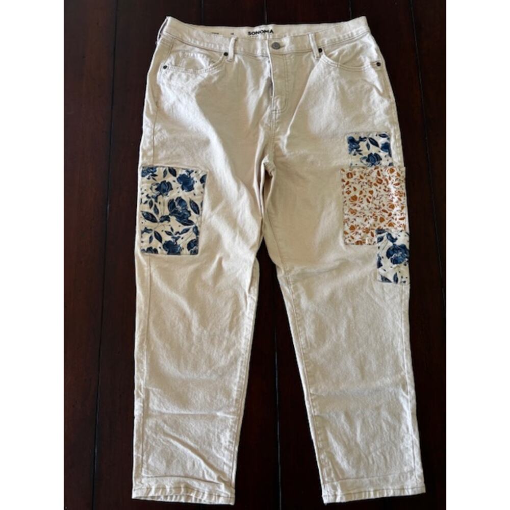 Sonoma Women’s Size 16 Tan Boyfriend‎ Ankle Jeans Floral Patch Stretch Denim